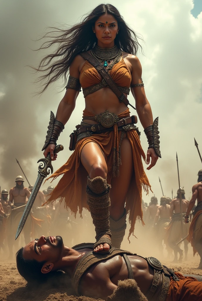 A indian muscular warrior queen overpowering on man in battle, she stepped on his chest, 
