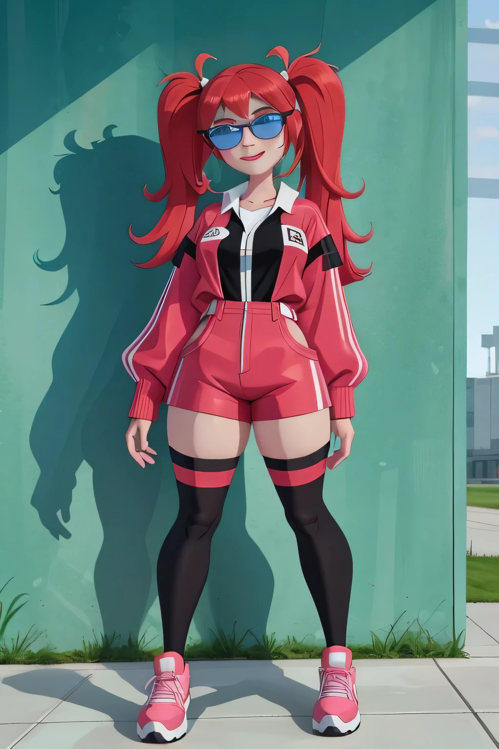 Alice,twintails,red eyes, blue hair, smirk, pink overall shorts, white shirt, white knee pads, pink shoes, pink jacket, upper body, smile, standing, outdoors, city, (insanely detailed, beautiful detailed face, masterpiece, best quality) A highly detailed and realistic 3D model of a young woman standing confidently in front of an orange wall. She has red hair styled in twintails and blue eyes. She is wearing a red jacket over a black dress, black gloves, and thigh-high white socks. She has a pair of sunglasses resting on her head. The model should include subtle movement in her hair and the fabric of her jacket, as if a gentle breeze is passing through. The scene is set on a concrete surface with shadows cast on the ground, providing a realistic urban environment. The background should be simple and indoors with neutral colors. The model should be photorealistic and highly detailed, showcasing the character's stylish and modern look. Ensure that the model captures her confident posture and natural proportions, with special attention to the detailed outfit and accessories, character design sheet, character sheet, full body,