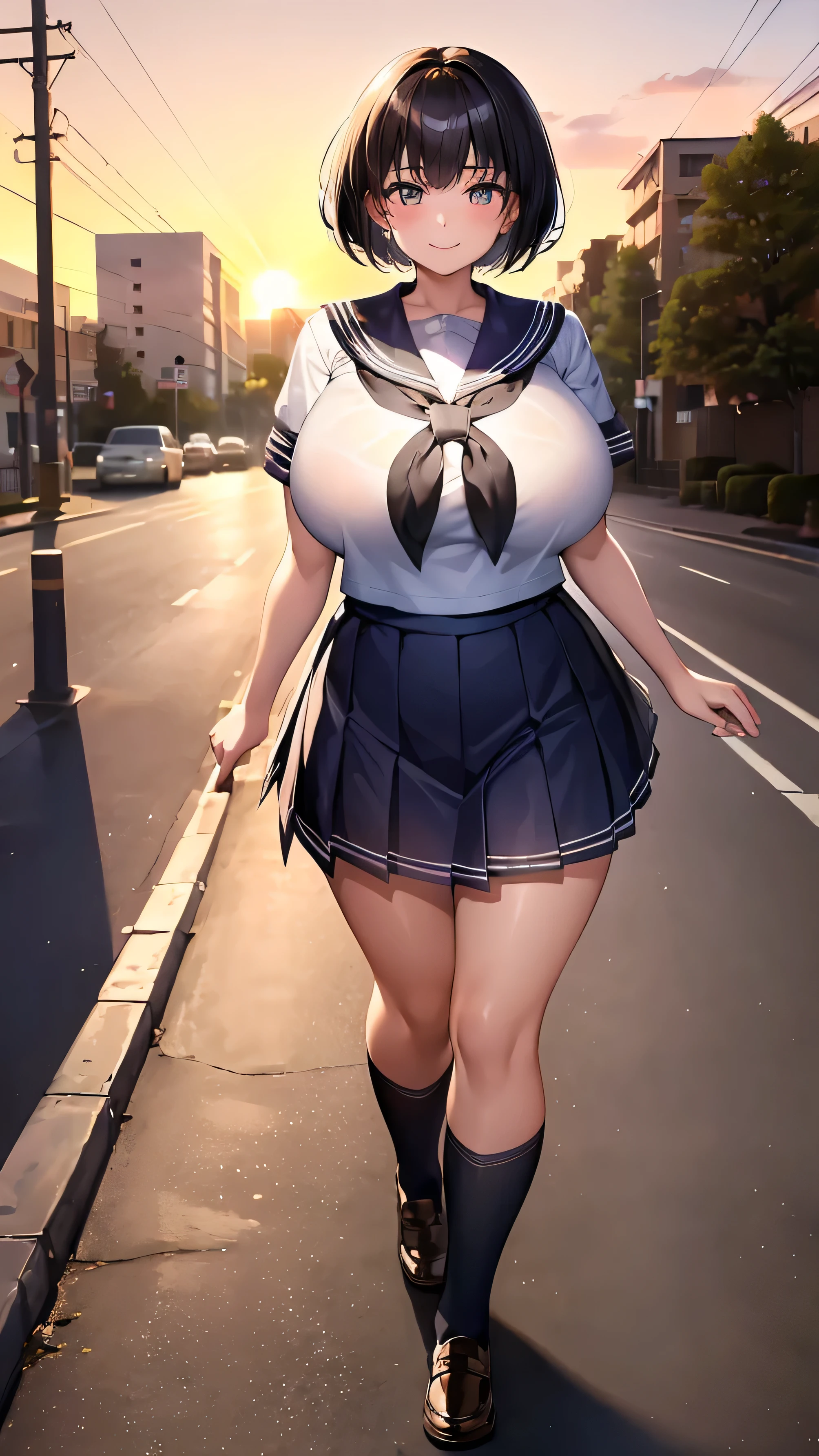 (sunset, intersection, neighborhood, Schoolway, Sidewalk:1.4), High resolution, extremely detailed CG, unity 8k wallpaper, super detailed skin, Perfect Anatomy, detailed, Cinema Lighting, Dynamic Lighting, beautiful detailed eyes, Black short hair, (18 year old girl:1.8)(smile:1.2)、(View your viewers:1.8), (Huge breasts:1.4)、 (Sailor suit:1.5), (Under the skirt:1.2), (Glowing Skin:1.2)、School,
(Put your arms behind your back, walk:1.3),