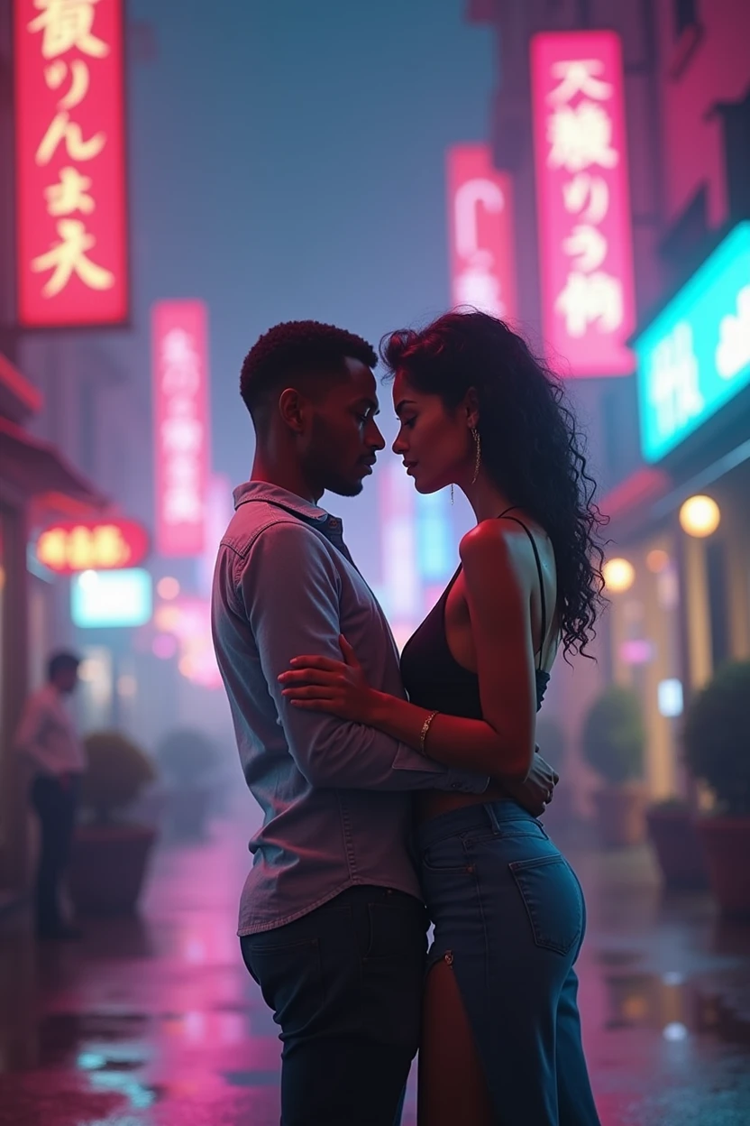 A young afroamerican man, a beautiful Latin woman with dark skin and chocolate color eyes looking at viewer, emerald green color, seductive, balanced, perfect beauty, (best quality,4k,8k,highres,masterpiece:1.2),ultra-detailed,(realistic,photorealistic,photo-realistic:1.37),oil painting,cinematic lighting,dramatic contrast,chiaroscuro,warm color palette,sensual,intimate,romantic