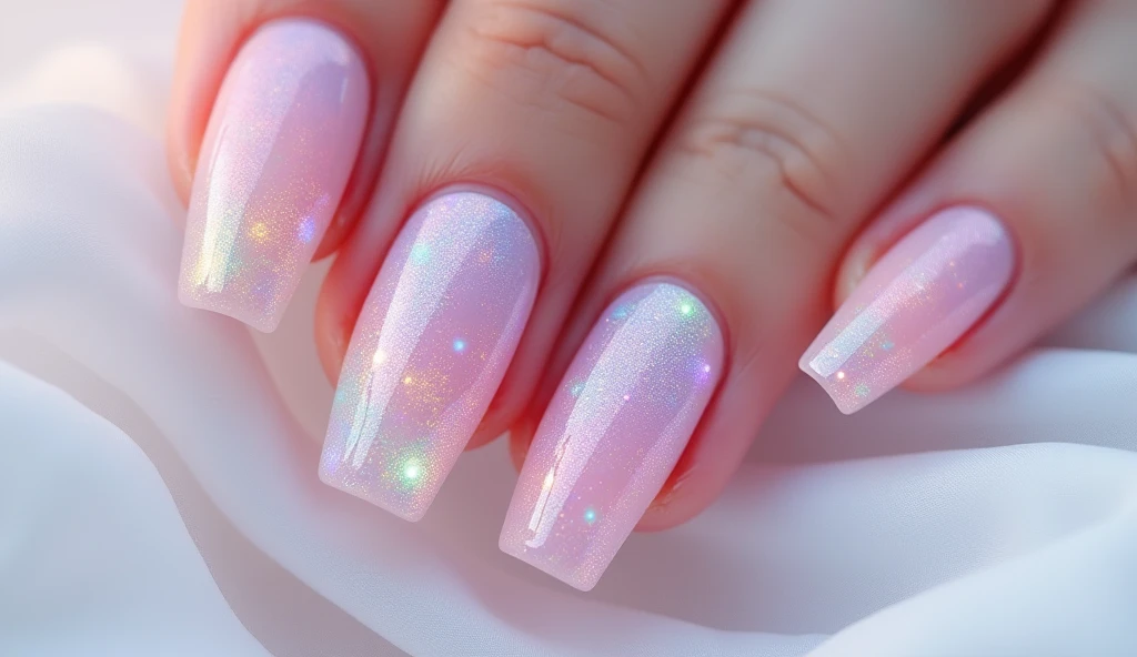 Tropical Mirage Nail Art: Emulate the stunning beauty of a tropical mirage with this ethereal design. Each nail features a base of soft, translucent pink with shimmering accents of lavender and mint green. The design includes delicate, abstract shapes and patterns that create an illusion of depth and distance, like a distant tropical paradise seen through a haze. The background is a soft, opalescent white, enhancing the mirage effect.