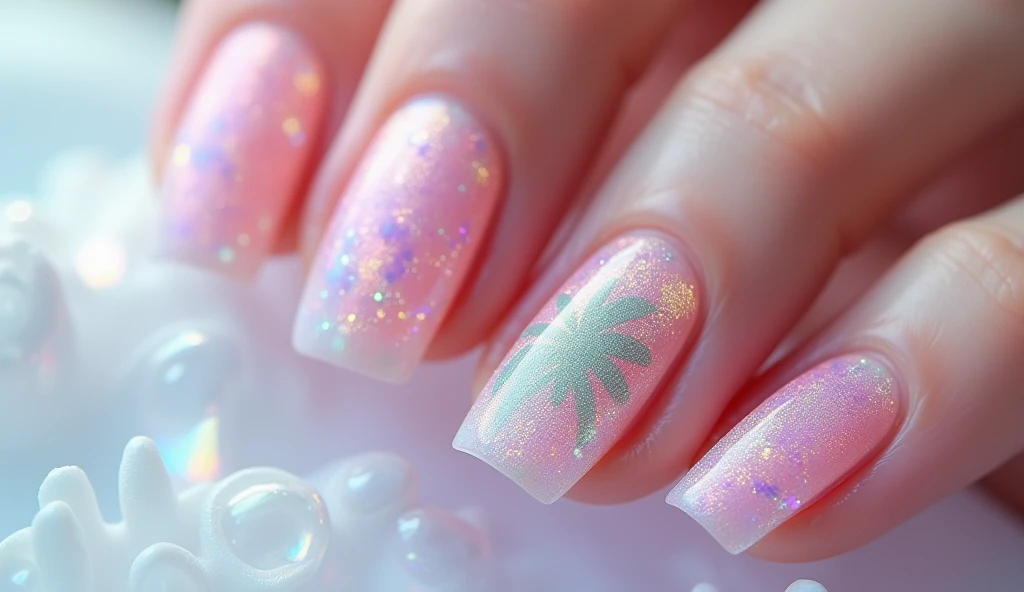 Tropical Mirage Nail Art: Emulate the stunning beauty of a tropical mirage with this ethereal design. Each nail features a base of soft, translucent pink with shimmering accents of lavender and mint green. The design includes delicate, abstract shapes and patterns that create an illusion of depth and distance, like a distant tropical paradise seen through a haze. The background is a soft, opalescent white, enhancing the mirage effect.




