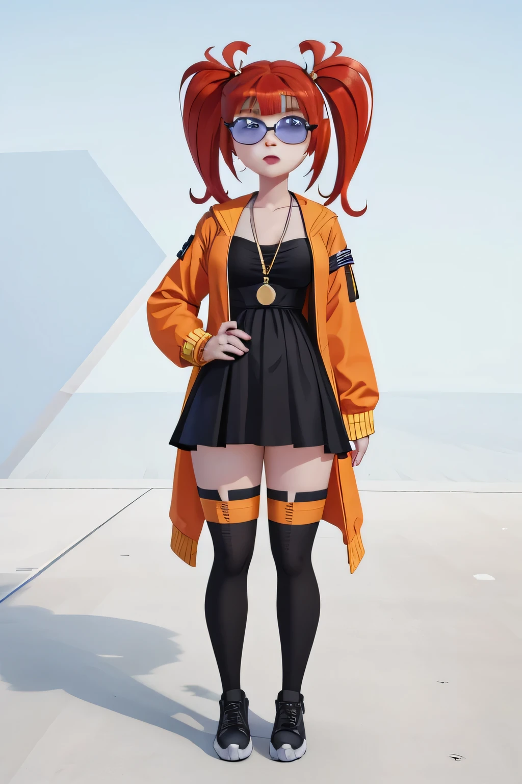 A highly detailed and realistic 3D model of a young woman standing confidently in front of an orange wall. She has red hair styled in twintails and blue eyes. She is wearing a red jacket over a black dress, black gloves, and thigh-high white socks. She has a pair of sunglasses resting on her head. The model should include subtle movement in her hair and the fabric of her jacket, as if a gentle breeze is passing through. The scene is set on a concrete surface with shadows cast on the ground, providing a realistic urban environment. The background should be simple and indoors with neutral colors. The model should be photorealistic and highly detailed, showcasing the character's stylish and modern look. Ensure that the model captures her confident posture and natural proportions, with special attention to the detailed outfit and accessories, model sheet, character design sheet, character sheet, full body
