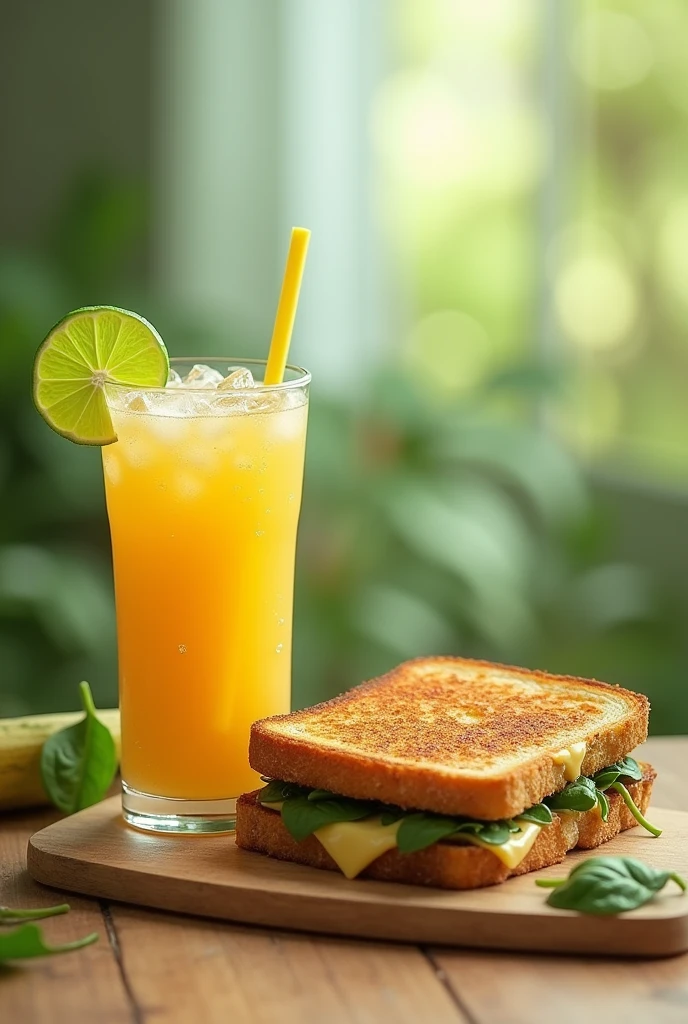 create an image that has cane juice (with a sugarcane stick next to it) vegan grilled cheese with spinach (sandwich) bottomless