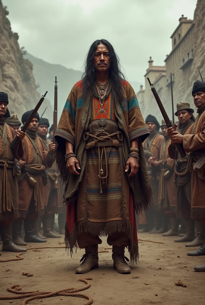*"Create a vivid and historically accurate depiction of the final moments of Túpac Katari. The scene is set in the year 1781, within a grim and somber execution site in the city of La Paz.
Túpac Katari, a formidable indigenous leader, is portrayed standing defiantly in the center of the scene. His face, marked by both the strain of battle and the resolve of a leader, is resolute and proud even in his final moments. His traditional Andean attire includes a richly embroidered aguayo with geometric patterns and a poncho, now dusty and torn from battle. His long hair is disheveled and falls loosely around his shoulders.
Surrounding him are Spanish soldiers in period-accurate uniforms, including tricorn hats and muskets, showing a mix of sternness and grim determination. The soldiers are in a defensive posture, with some watching intently while others hold the ropes used for his execution. The execution platform is simple, constructed of wood, with a somber and harsh atmosphere.
The backdrop features a cloudy, overcast sky typical of the Andean highlands, with distant views of the rugged, mountainous landscape of La Paz. The city’s architecture, including colonial-style buildings and rooftops, is faintly visible in the background, providing context to the setting.
Ensure the image conveys a sense of gravity and historical accuracy, highlighting Túpac Katari’s bravery and the tension of the final moments of his life."*