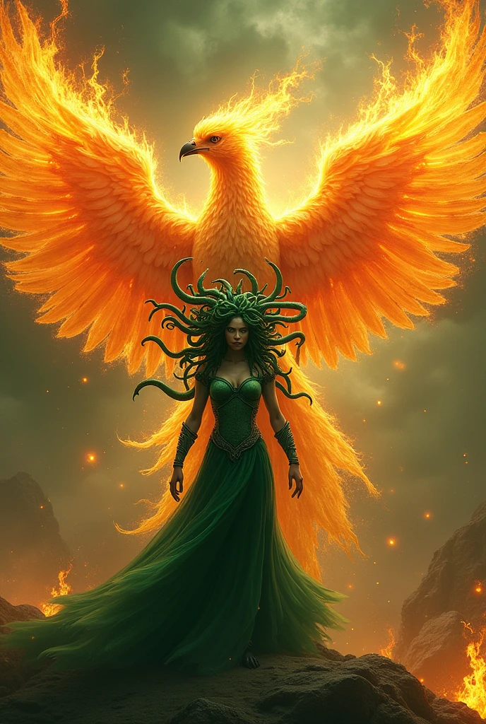 I want the Medusa to be very scary and fierce, with penetrating gaze, green and spitting venom from her snakes and behind her a phoenix, showing how it is reborn from its ashes and with its soul very extended and with fire wings and let both beings have a shine that their brightness is noticeable, let's say the Medusa's green and the phoenix's firelight yellow.On the contrary, the giant phoenix and the medusa should appear very large and with a bold pose., that the phoenix behind her is more noticeable and with fire wings, that the Fire is very noticeable, LET THE PHOENIX AND ITS FIRE BE NOTICED, MORE THAN THE SNAKES AND THE GREEN OF MEDUSA ARE SEEN AND HOW BIG THE PHOENIX IS. More Fire and More Snakessss. Medusa is a woman, Medusa is green and her eyes must be like those that petrify someone., More snakes is not Ursula, They are not octopuses, They are snakessss, Y MAS FUEGO EN EL FENIX 🗣️‼️ quiero que el fuego esté en el fénix y que en medusa se vea mínimo una serpiente como señalado igual hacia al frente quw quiere atacar a alguien, NO VEO A ESAS SERPIENTESSSS🗣️‼️ QUIERO VER LAS SERPIENTES ATACANDO A LA PERSONA DE FRENTEEEE