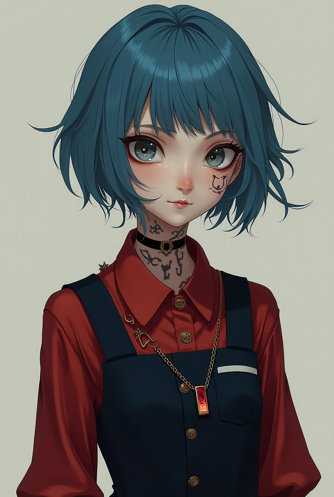My youthful wife, has short, messy hair, with a bluish hue, big eyes with pool blue irises with amber drops, has a scar on her right cheek. Has a clear, soft and well-maintained skin, with several ritualistic scar and tattoo marks. The girl is dressed in a crimson dress shirt with black pieces, over a dark vest and dark blue pants that go with the look from below, as accompanying accessories Evelyn wears a single glove on her right hand and a pendant with a fake ruby in its center.

Personalidade:

Evelyne is very perceptive and creative, with a mind very open to knowledge (especially the forbidden), maintains an above average intelligence, with various aptitudes for different subjects.  Muller brings with him a cheerful persona, nice, fearless and unshakeable for the people around her, hiding a more serious and analytical side when alone. acima de tudo, the girl has a great 'unshakeable' spirit, an unbreakable pride, a more 'resilient' vision,  Evelyn is not afraid to look into the abyss and will not blink when it looks back, even gaining incurable scars she stands tall, thinking about how she will get new ones 


