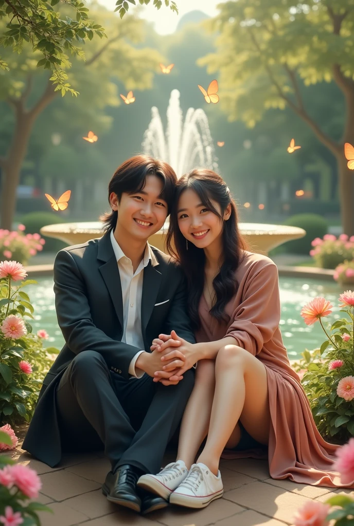 Full Body) An Asian male couple with a medium mavy mullet haircut wearing a suit and an Asian female with long hair, dressed in short jeans, pashmina, sneakers) they are sitting, hugging, smiling, their faces are focused on the front of the camera. in the garden with fountains and flowers, butterflies flutter in the wind, capturing romance with soft and romantic light reflections that look natural. 35k full HD resolution., photo