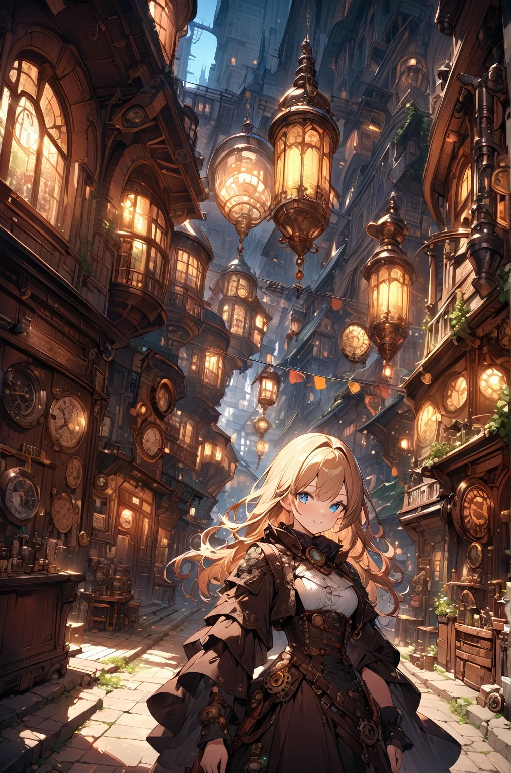 Create an illustration depicting a  overlooking a steampunk cityscape. ((The girl has dark skin)), short blonde hair and shiny blue eyes. The girl should be standing in a vantage point, Rooftops, bridges, etc., Look down on the intricately designed steampunk city below. The cityscape should be meticulous and detailed, Showcase the intricacies of gears, pipes, And glamorous architecture. Her expression was、It should be one of the surprises and curiosities when observing a bustling city full of mechanical wonders, blimp, And glamorous architecture. Surround the scene with a warm atmosphere, Golden light to enhance the atmosphere, Emphasize brass and copper tones of steampunk elements. Capturing the adventurous spirit and charm in the eyes of a girl, Reflecting the charm of the fantastic steampunk world around her. The whole illustration should have a nostalgic vibe, Girl smiles. highly detailed, vibrant appearance, creative behavior, extremly detailed, imaginative, sensual, spontaneous, highest quality, skin texture, intricate details, (cinematic lighting), RAW photo, 8k, masterpiece,best quality,ultra-detailed,very detailed illustrations,extremely detailed,intricate details,highres,super complex details,extremely detailed 8k cg wallpaper,