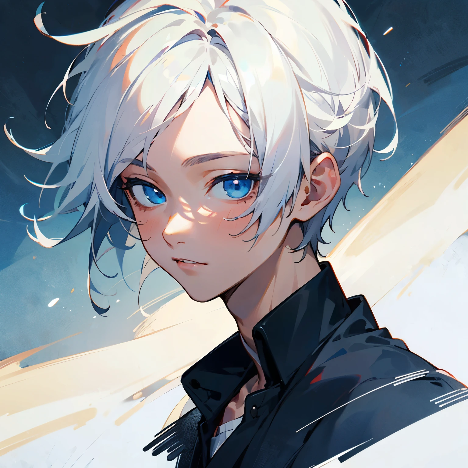 ((best quality)), ((masterpiece)), (detailed), 1boy, white hair, black school uniform, blue eyes