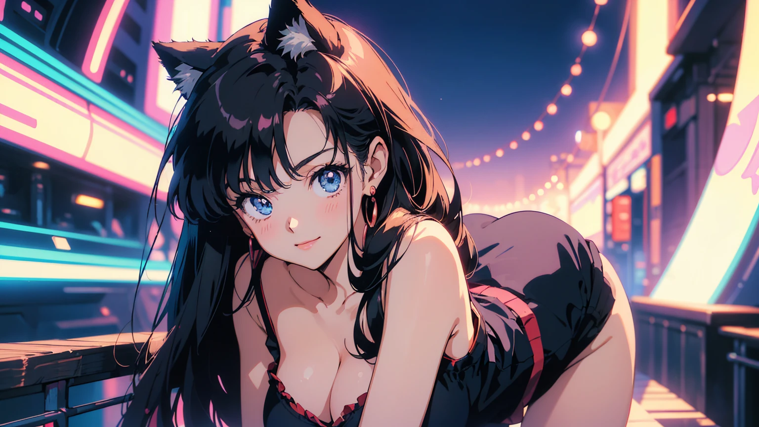 1 Retro anime pretty girl, Anime atmosphere of the 80s, 80s anime style, Retro Anime Girls, 1980's anime style, Retro anime images, Anime atmosphere, chill, sexy eyes, mid body, sexy clothes, sexy pose, medium breast , smile, black cat, blur tokyo city with peaples background, night time