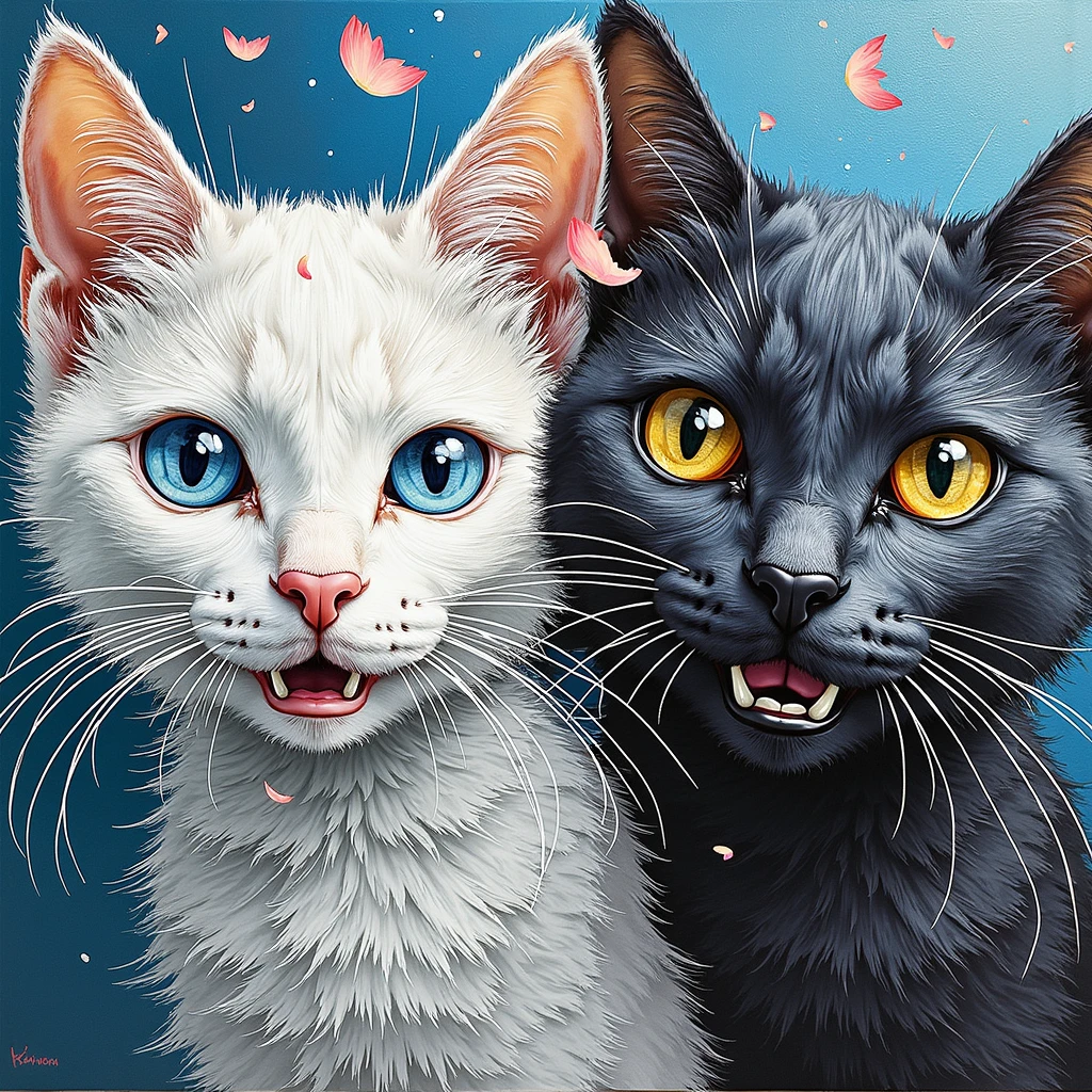 Generate a image of two cats one white with blue eyes and another black with yellow eyes showing playfulnessl painting,