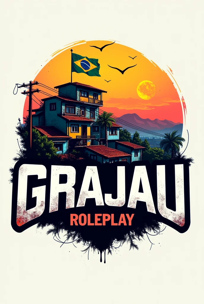 Create a GTA logo with the name "Grajau Roleplay" with an image of a favela and the house has a Brazilian flag. Replace the name GTA with "Grajau Roleplay". Replace the building with a favela and the image should be a vector
Replace the buildings with a favela from Brazil