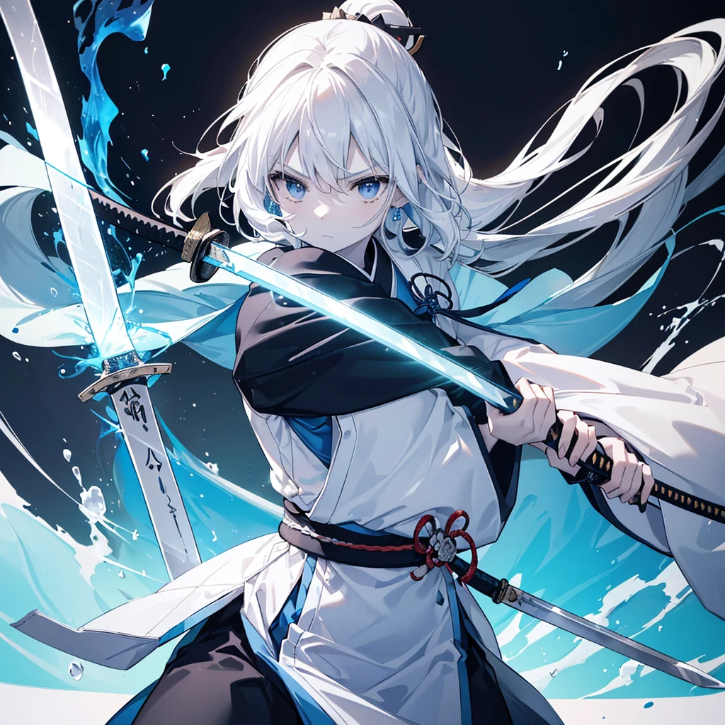 One woman,Very white skin,Transparent((have,Long sword,Japanese sword,Two,Blue Flame,Reflection of light))Close-up Background((Center Part,Black and White,1:1)) Dual-wielding samurai,Focus,He has the dignity of a general.,overwhelm,ambition