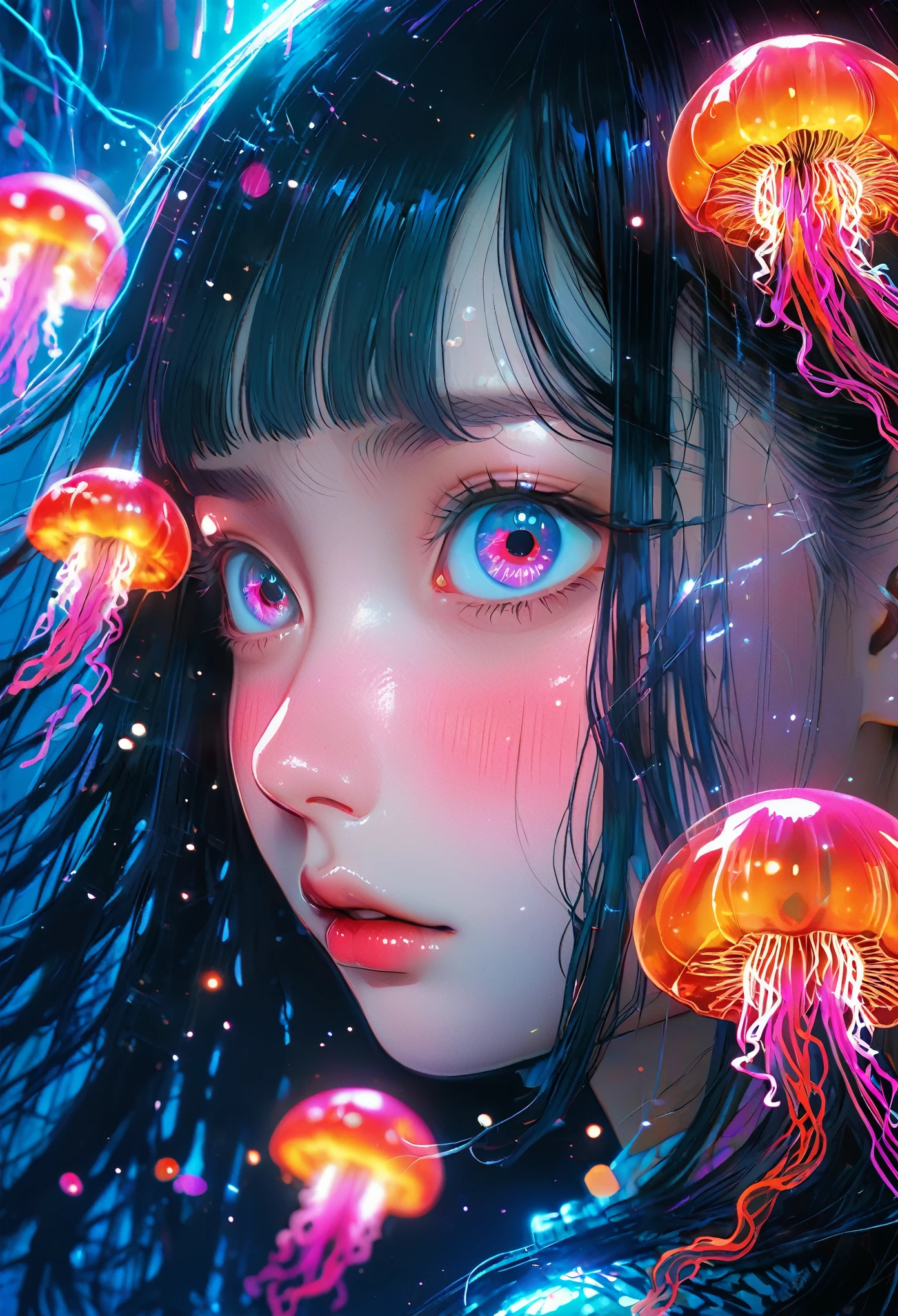 surreal horror, anime style, directed by Junji Ito, high contrast, vivid colors, eerie atmosphere, psychological tension, intricate line work, electric jellyfish