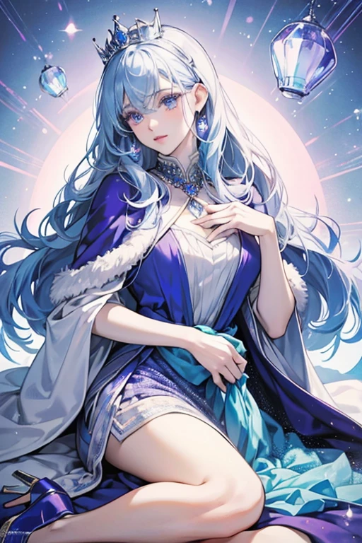Gemma's hair is an extremely pale shade of blue with streaks of tinsel, and some very pale pink at her bangs/fringe. Her eyes are a very pale blue, which turns into the palest shade of pink at the lower part of the iris. Dressed as a queen with a silver ring of pearls adorning the bottom part of her purple crown, Gemma wears a shiny blue and purple dress that seems to shimmer. In addition, she wears a blue ombré cape with white fur trim, and a pair of translucent purple wedges that have blue diamond heels. SPARKLE; GLITTER