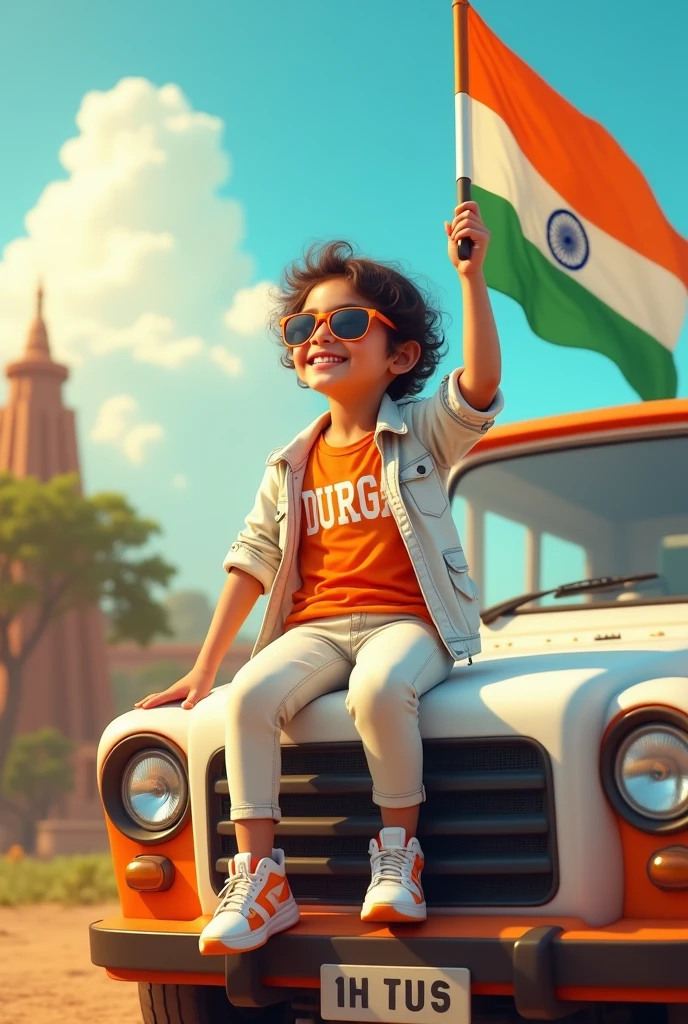 2. Create an Real image featuring a young girl sitting on the hood of a white and orange truck, with india’s scenic background. He’s holding a flag celebrating india’s 15th August. The girl wears a orange and white  T-shirt with “DURGA” printed on it, white jacket, white orange, black shoes, and sunglasses.
