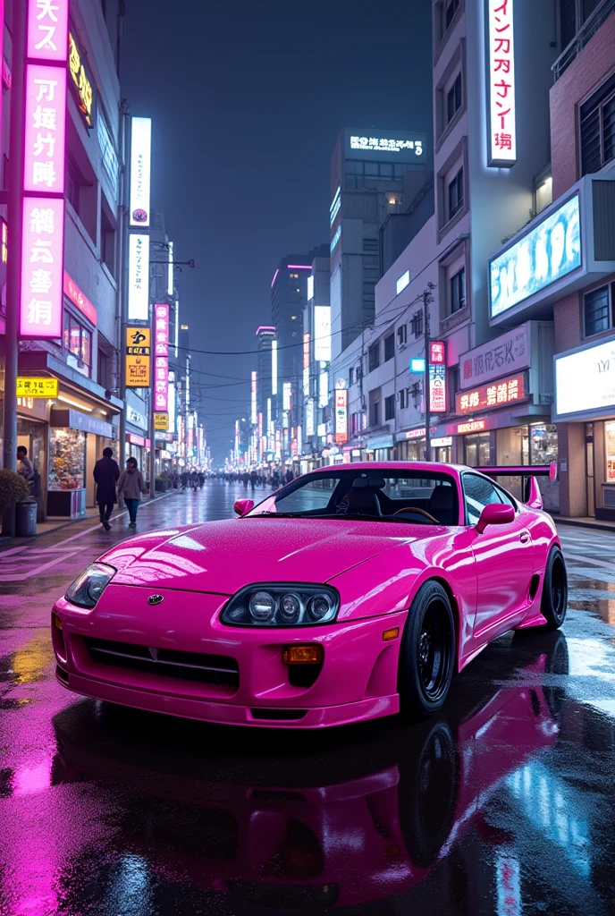 Generate an image of a pink Toyota Supra MK4 in a 90s Japanese Tokyo setting with purple and pink neon lights.