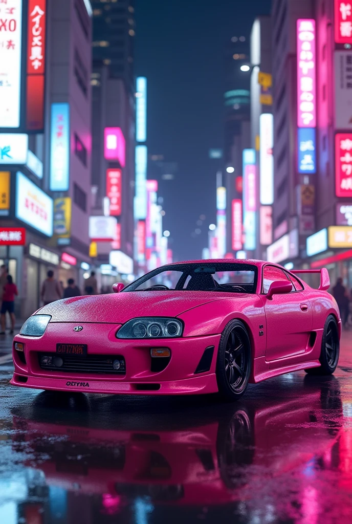Generate an image of a pink Toyota Supra MK4 in a 90s Japanese Tokyo setting with purple and pink neon lights.