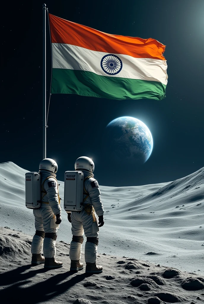 india flag flying in moon, Our rovar Indian Astronauts seeing india in earth from moon, India Space station also seeing another side.