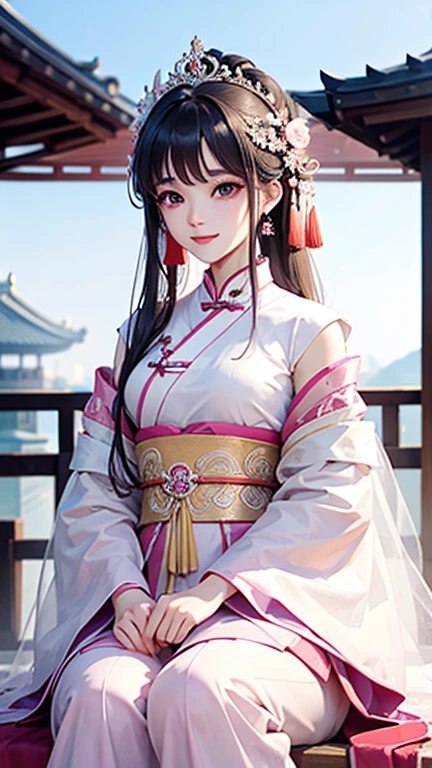 (Highest quality、 8k 、masterpiece、High resolution)、(Chinese Drama、Changgexing、Li Changge、Dililaba)、Tang Dynasty、Changan、1 Female、Beautiful young person、blue eyes、Pretty lips、Hairpin、(Noble Princess)、(Anime Beauty)、((Full Body Shot))、(Anime Art)、Smiling and posing happily、Bright atmosphere、Light colored long hair、Light pink Hanfu、Changanの街並み、Tang Dynasty Buildings、Tang Dynasty Buildings、Official Art、Detailed CG、