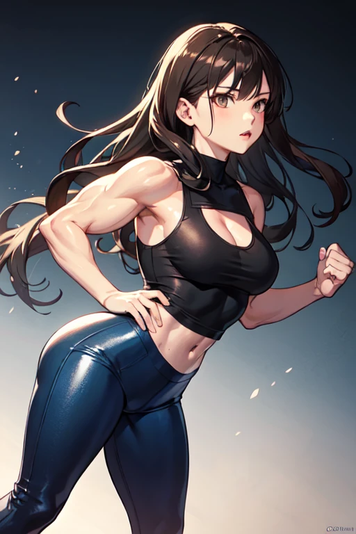 A slightly muscular girl with long brown hair and dark brown eyes wearing a black top and blue pants with tights, and she's a fighter.