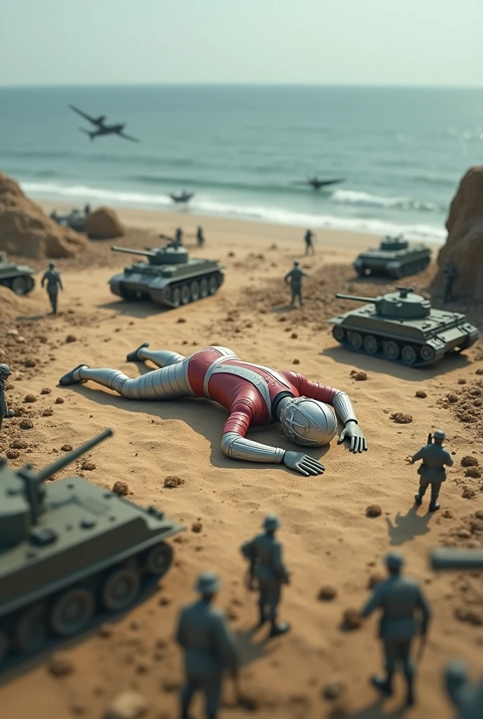ultraman prone on sand. army day bomb . sea, beach . everywhere lot of soldier in battlefield.world war 2. tilt shift photography. lot of war. tank.aircraft 1940. air drop