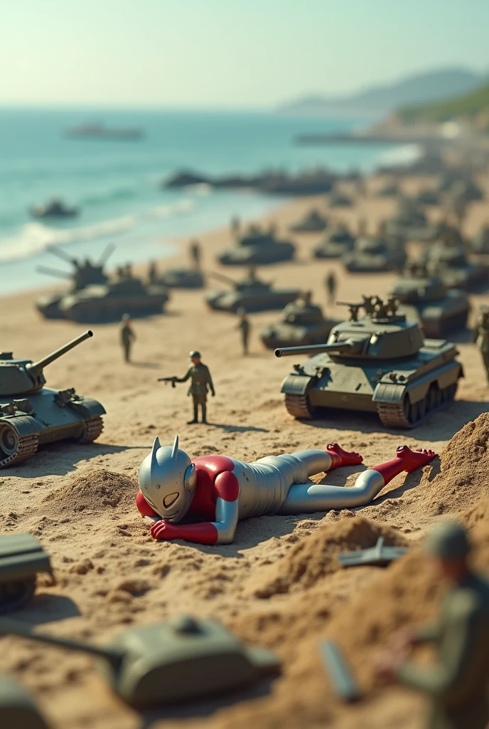 ultraman prone on sand. army day bomb . sea, beach . everywhere lot of soldier in battlefield.world war 2. tilt shift photography. lot of war. tank.aircraft 1940. air drop