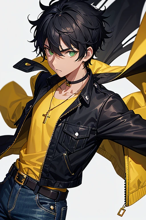 16 year old black boy, black hair, short messy side cut, green eyes, green jacket, yellow shirt, blue jeans, slim build, black belt, necklace with a gold cross, looking directly at viewer, white background.