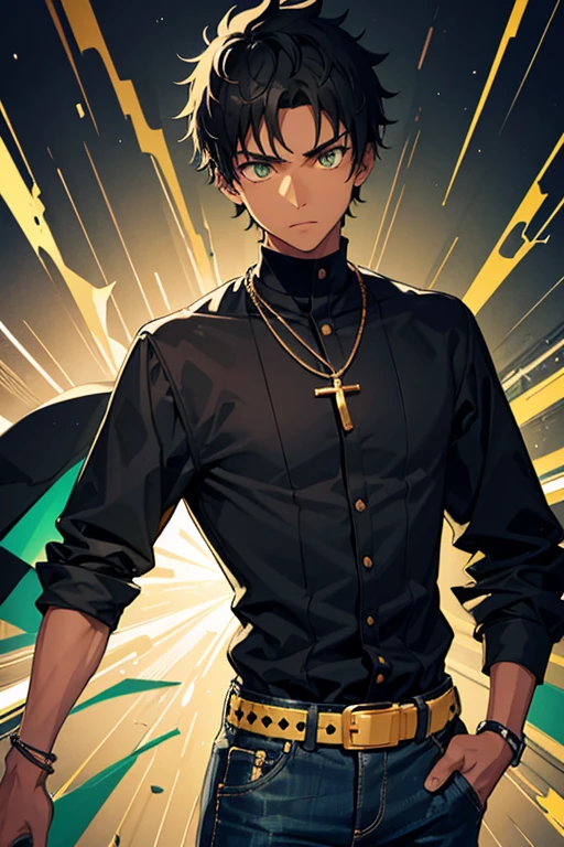 16 year old black boy, black hair, short messy side cut, green eyes, green jacket, yellow shirt, blue jeans, slim build, black belt, necklace with a gold cross, looking directly at viewer, white background.