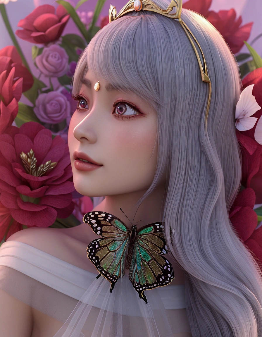 a close up of a woman with a butterfly headpiece on, (((mad))) elf princess, side portrait of elven royalty, elfin beauty, elven character with smirk, inspired by Ren Renfa, ethereal flowerpunk, elven, fae teenage girl, second life avatar, elven princess, ethereal hair, inspired by Elmyr de Hory