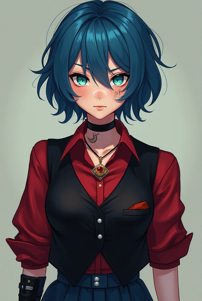 My youthful wife, has short, messy hair, with a bluish hue, big eyes with pool blue irises with amber drops, has a scar on her right cheek. Has a clear, soft and well-maintained skin, with several ritualistic scar and tattoo marks. The girl is dressed in a crimson dress shirt with black pieces, over a dark vest and dark blue pants that go with the look from below, as accompanying accessories Evelyn wears a single glove on her right hand and a pendant with a fake ruby in its center.

Personalidade:

Evelyne is very perceptive and creative, with a mind very open to knowledge (especially the forbidden), maintains an above average intelligence, with various aptitudes for different subjects.  Muller brings with him a cheerful persona, nice, fearless and unshakeable for the people around her, hiding a more serious and analytical side when alone. acima de tudo, the girl has a great 'unshakeable' spirit, an unbreakable pride, a more 'resilient' vision,  Evelyn is not afraid to look into the abyss and will not blink when it looks back, even gaining incurable scars she stands tall, thinking about how she will get new ones 



