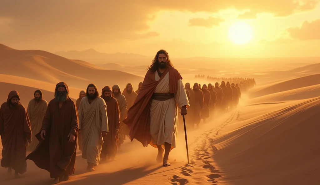 Moses leading the Hebrew people towards freedom, crossing the desert. The image captures determination and hope, with sand dunes and a bright sun in the background.