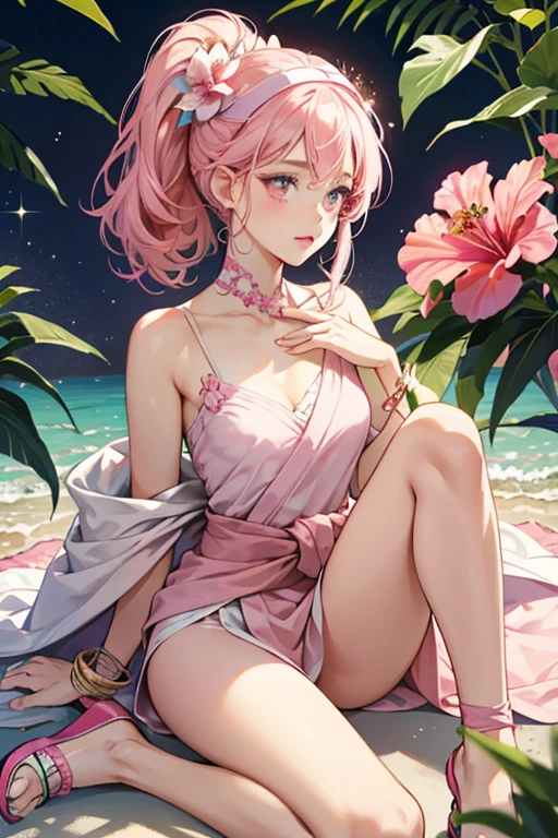 Isla has fair skin an pink blushed cheeks. Her lips and eye-shadow are pale pink and each eye has a tiny star in it. Her soft pink hair is entirely pulled into a tight, thick curling ponytail. She wears a pink headband with two dark pink hibiscus, two tiny white flowers, and leaf. She wears a layered hot pink top with a pale pink hibiscus at the corner of her chest, two hot pink bracelets, a purple wrap around the waist covered in hot pink hibiscus, and white sandals with pale pink hibiscus and leaf. SPARKLE; GLITTER