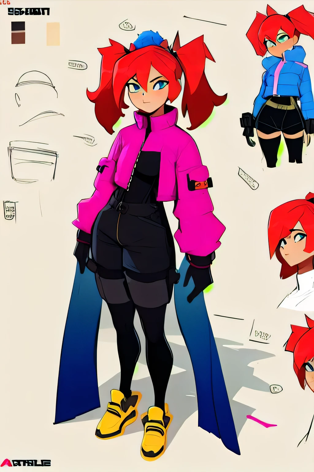 A highly detailed and realistic 3D model of a young woman standing confidently in front of an orange wall. She has red hair styled in twintails and blue eyes. She is wearing a red jacket over a black dress, black gloves, and thigh-high white socks. She has a pair of sunglasses resting on her head. The model should include subtle movement in her hair and the fabric of her jacket, as if a gentle breeze is passing through. The scene is set on a concrete surface with shadows cast on the ground, providing a realistic urban environment. The background should be simple and indoors with neutral colors. The model should be photorealistic and highly detailed, showcasing the character's stylish and modern look. Ensure that the model captures her confident posture and natural proportions, with special attention to the detailed outfit and accessories, model sheet, character design sheet, character sheet, full body, Alice,twintails,red eyes, blue hair, smirk, pink overall shorts, white shirt, white knee pads, pink shoes, pink jacket, upper body, smile, standing, outdoors, city, (insanely detailed, beautiful detailed face, masterpiece, best quality) A highly detailed and realistic 3D model of a young woman standing confidently in front of an orange wall. She has red hair styled in twintails and blue eyes. She is wearing a red jacket over a black dress, black gloves, and thigh-high white socks. She has a pair of sunglasses resting on her head. The model should include subtle movement in her hair and the fabric of her jacket, as if a gentle breeze is passing through. The scene is set on a concrete surface with shadows cast on the ground, providing a realistic urban environment. The background should be simple and indoors with neutral colors. The model should be photorealistic and highly detailed, showcasing the character's stylish and modern look. Ensure that the model captures her confident posture and natural proportions, with special attention to the detailed outfit and accessori