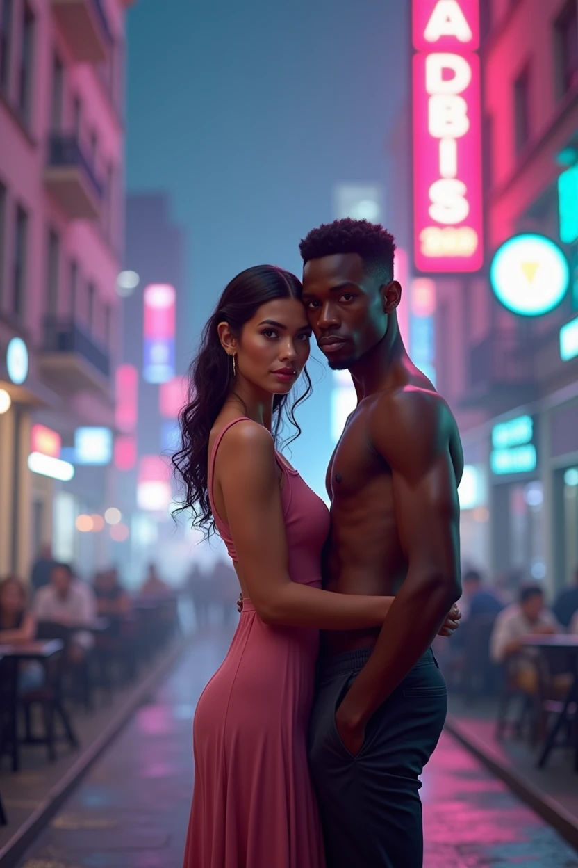 A young afroamerican man, a beautiful Latin woman with dark skin and chocolate color eyes looking at viewer, emerald green color, seductive, balanced, perfect beauty, (best quality,4k,8k,highres,masterpiece:1.2),ultra-detailed,(realistic,photorealistic,photo-realistic:1.37),oil painting,cinematic lighting,dramatic contrast,chiaroscuro,warm color palette,sensual,intimate,romantic
