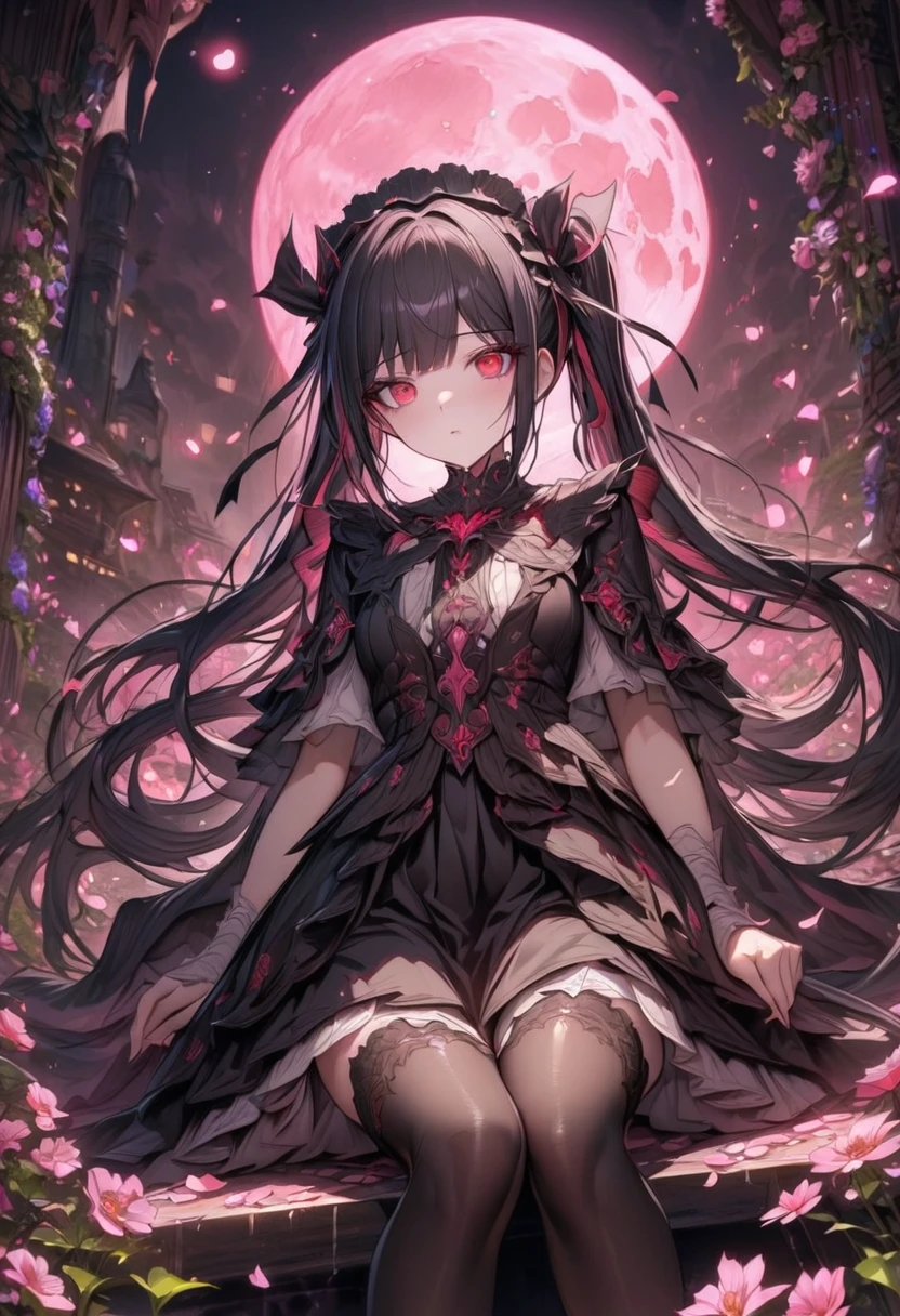 Ultra detailed, highres, absurdres, HDR, master piece, Celestia Luderbeng, black hair tied into two long twin-drill pigtails, expressive red eyes, black Lolita clothes, white shirt, black skirt, black stockings, Danganronpa, pink flowers, petals, fireflies, pink moon, woman sitting, solo, extremely beautiful, very detailed face and eyes, best quality, fantasy, magical,