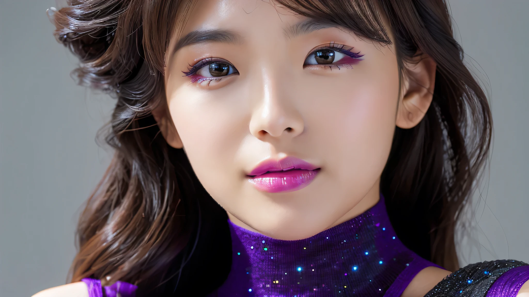 (Detailed face),(vivid),(Galaxy color,Sparkling)Turtleneck sleeveless dress,4K,Ultra-high resolution,(Photorealistic:1.7),Gray background,Black long hair,