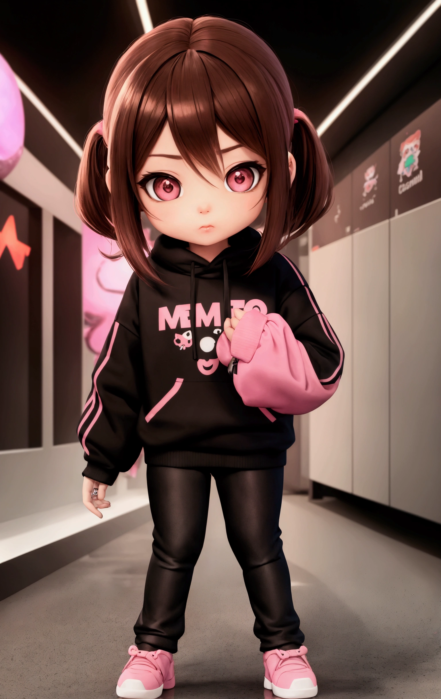 3D rendering, Chibi character, 1 , brownhair, eyes browns, black sweatshirt, black jeans, White and Pink Pele, Free, Gamer, tired.  riot games style.