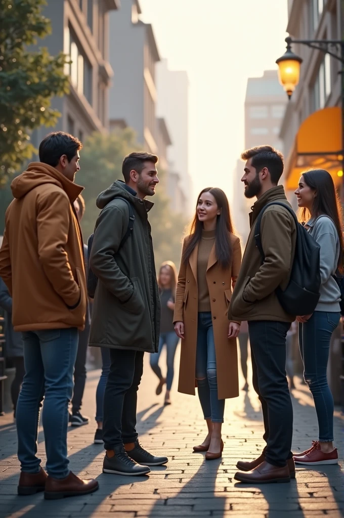 A realistic image of people arriving and then talking to another person