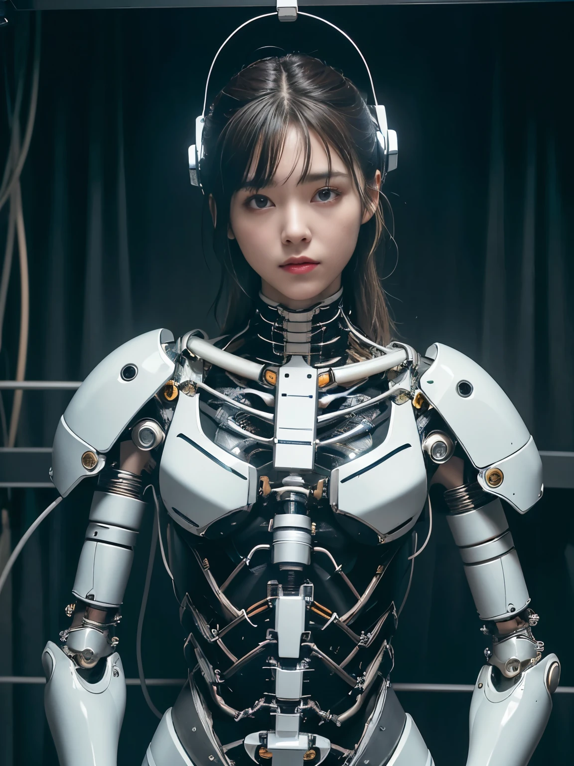 (((masterpiece)))、((quality))、(The ultra detailed)、8k、(Very noble and beautiful))、movie lighting、((1 mechanical girl))、Look here、White ceramic body.、a black eye、Colossal 、Cracks are visible、single、(mechanical joint:1.4)、((mechanical limb))、(Blood vessels are attached to the tube)、((Mechanical spine attached to the back.))、((Mechanical fixation of the cervical spine in the neck.))、(wires and cables attached to the head and body:1.5)、 neon light detail、scientific fiction、cowboy shootout、The background is a cyberpunk city、