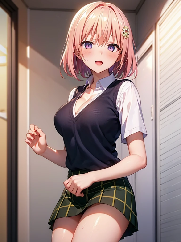 ((Highest quality)), ((masterpiece)), (detailed), One person,Age 25,(Black Shirt),(mini skirt),student,student服,high school girl,Shoulder Bare,Big Breasts,blush,Underbust,(Her cleavage is visible),(Excited expression),(Seduce),night,indoor,Dim lighting,(In a dimly lit room),(In a messy room),Browsing Caution,sexy,dirty,Sweat