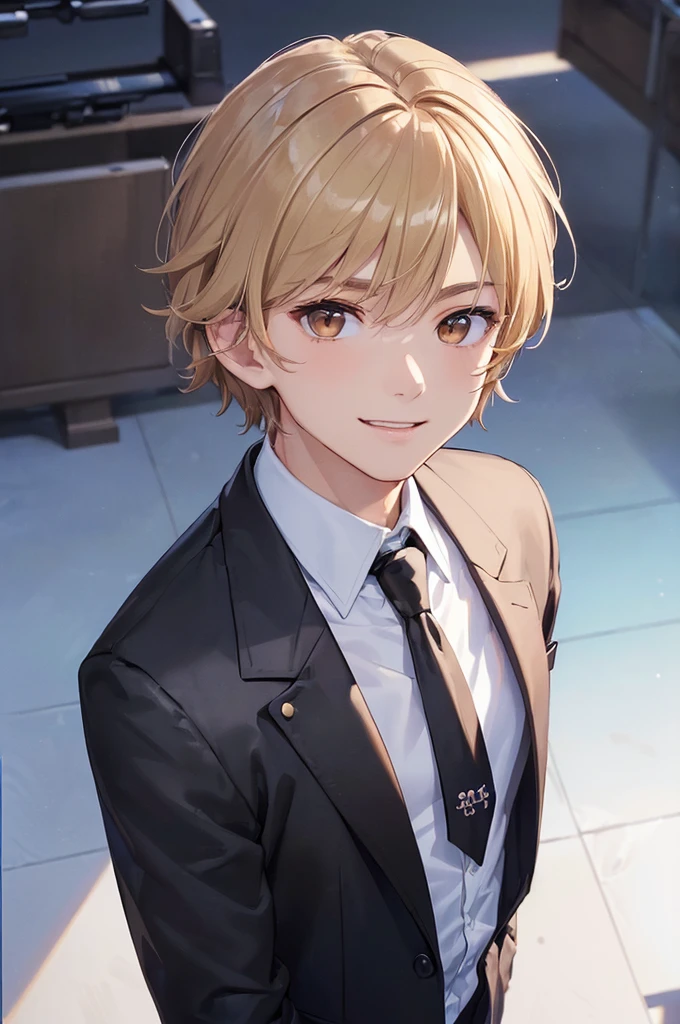 (((masterpiece; best quality: 1.2))), (finely detailed eyes: 1.3), ((1 male teen)), ((solo)), (brown eyes: 1.4), (body shape; lean, masculine, manly: 1.3), (very short blond hair: 1.3), (clear background: 1.2), ((depth of field)), (equipment: school uniform + black jacket + black necktie + white shirt: 1.3), (anime illustration: 1.2), (background composition; japanese classroom + day: 1.1), (extremely handsome: 1.1), (shot composition; standing + centered on face + close-up: 1.5), (facial expression; calm + smile: 1.2)