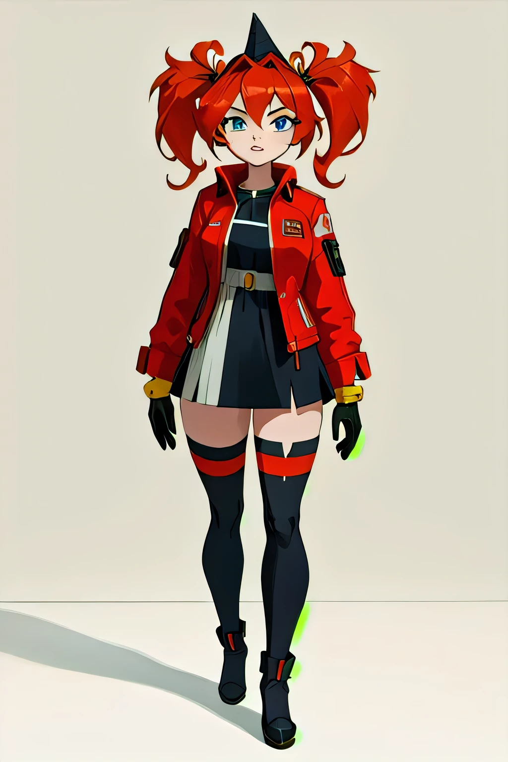 A highly detailed and realistic 3D model of a young woman standing confidently in front of an orange wall. She has red hair styled in twintails and blue eyes. She is wearing a red jacket over a black dress, black gloves, and thigh-high white socks. She has a pair of sunglasses resting on her head. The model should include subtle movement in her hair and the fabric of her jacket, as if a gentle breeze is passing through. The scene is set on a concrete surface with shadows cast on the ground, providing a realistic urban environment. The background should be simple and indoors with neutral colors. The model should be photorealistic and highly detailed, showcasing the character's stylish and modern look. Ensure that the model captures her confident posture and natural proportions, with special attention to the detailed outfit and accessories, model sheet, character design sheet, character sheet, full body