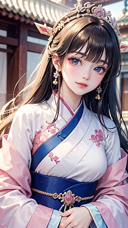 (Highest quality、 8k 、masterpiece、High resolution)、(Chinese Drama、Changgexing、Li Changge、Dililaba)、Tang Dynasty、Changan、1 Female、Beautiful young person、blue eyes、Pretty lips、Hairpin、(Noble Princess)、(Anime Beauty)、((Full Body Shot))、(Anime Art)、Smiling and posing happily、Bright atmosphere、Light colored long hair、Light pink Hanfu、Changanの街並み、Tang Dynasty Buildings、Tang Dynasty Buildings、Official Art、Detailed CG、