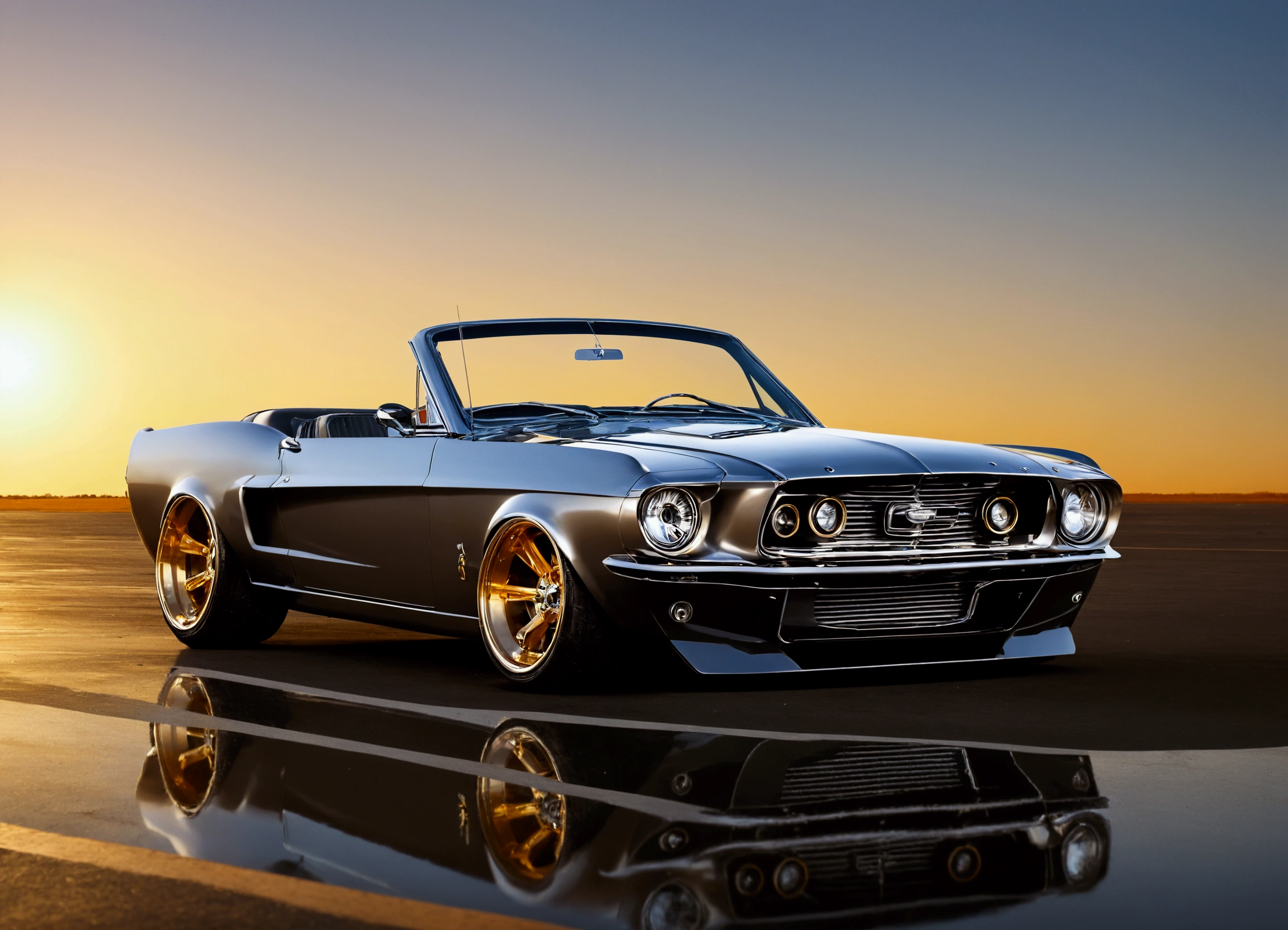 DIAGONAL and distant CAMERA, full length image of a 1967 mustang fastback convertible hot rod, futuristic style, rounded corners, SILVER COLOR MIRRORED METALLIC reflective, METALLIC MIRROR SILVER COLOR, EXTREMELY POLISHED AND MIRRORED PAINTING, PAINTING reflects bright sunlight, Hot rod style , film style stalone cobra, the painting reflects the sunlight, reflection of light shine on painting, has a THICK AND WIDE wheel in the color GOLD star, has GOLD star color wheel, thick and ridiculously wide and turned sports wheels, GOLDEN AND POLISHED WHEELS, It has gold wheels, ridiculously lowered front suspension, IN A PARKING LOT IN FRONT OF A GAS STATION STYLE with neon, image in diagonal pose, hyper-detailed image masterpiece, whole image, The sun shines brightly on the car's paint., There's a beautiful 18 year old girl leaning against the car. ultra detaild, realisitic
