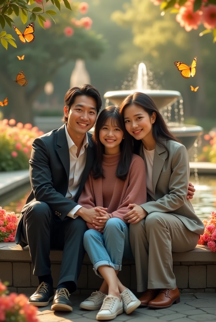 Full Body) An Asian male couple with a medium mavy mullet haircut wearing a suit and an Asian female with long hair, dressed in short jeans, pashmina, sneakers) they are sitting, hugging, smiling, their faces are focused on the front of the camera. in the garden with fountains and flowers, butterflies flutter in the wind, capturing romance with soft and romantic light reflections that look natural. 35k full HD resolution., photo