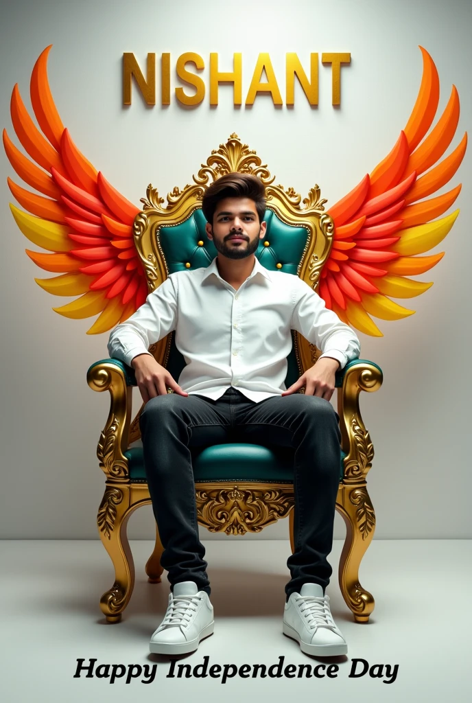 Create realistic illusion image A 20 years old boy is sitting on a king chair wearing white denim and black jeans and white sneakers with indian tricolor wings and behind him the color of the wall is white on which “NISHANT” is written in golden. and also written Happy Independence Day” in clear letter written on small size on bottom