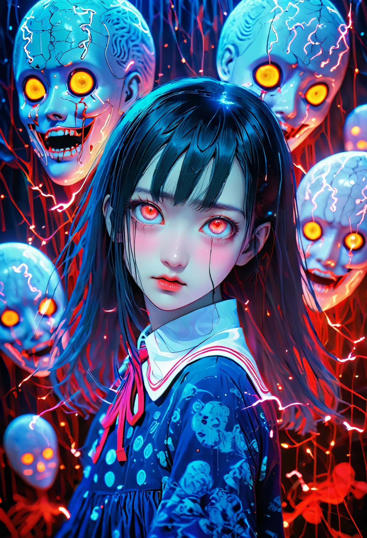 surreal horror, anime style, directed by Junji Ito, high contrast, vivid colors, eerie atmosphere, psychological tension, intricate line work, decapitated heads