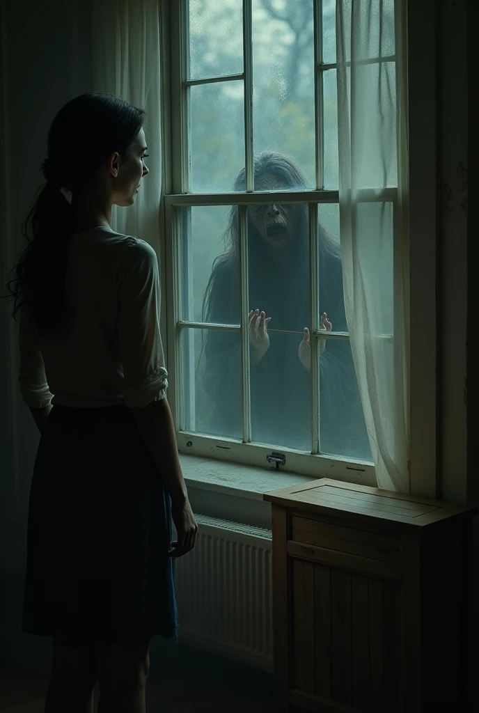 ending: (1:10-1:30) The camera focuses on the wife, than de repente parece pálida. She looks at her husband, than, when turning to her, sees a pale, distorted face reflected in the window, with a horrible look. The scene ends with a scream and the camera falling., showing the closed wooden box again, while the screen goes black